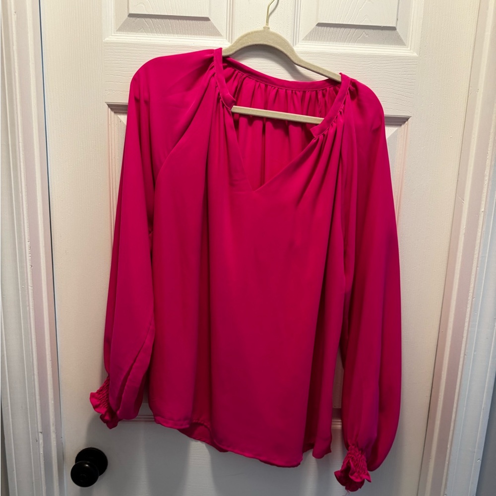 Hot Pink Smocked Cuff Blouse • Romantic V-Neck • Size L